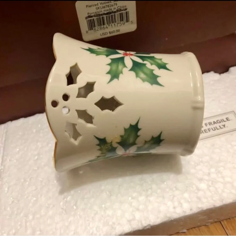 Lenox Holiday Holly Porcelain Pierced Votives Set of 3 Pieces